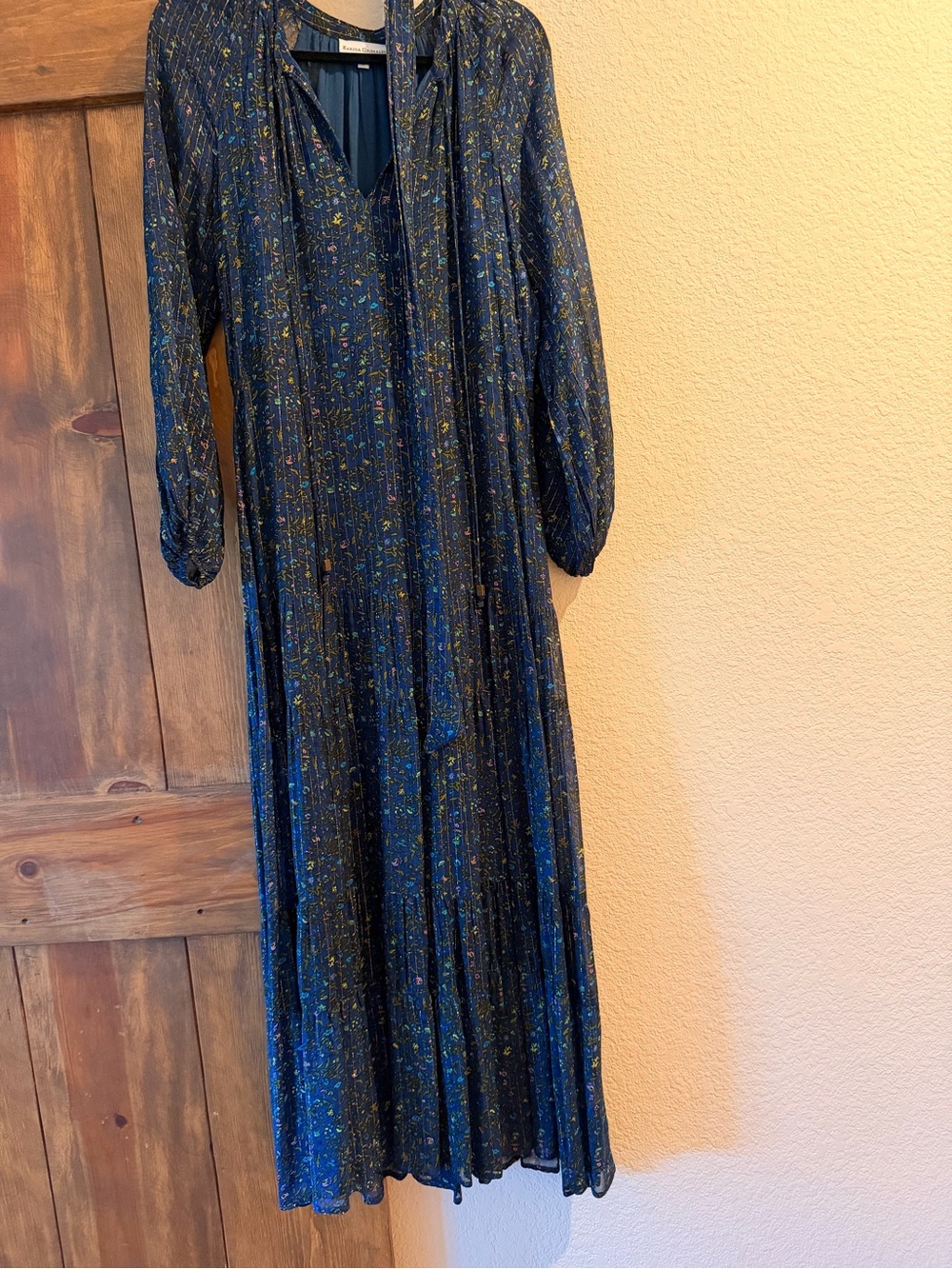 Karina Grimaldi Navy Floral Long-Sleeve Tie-Neck Maxi Dress